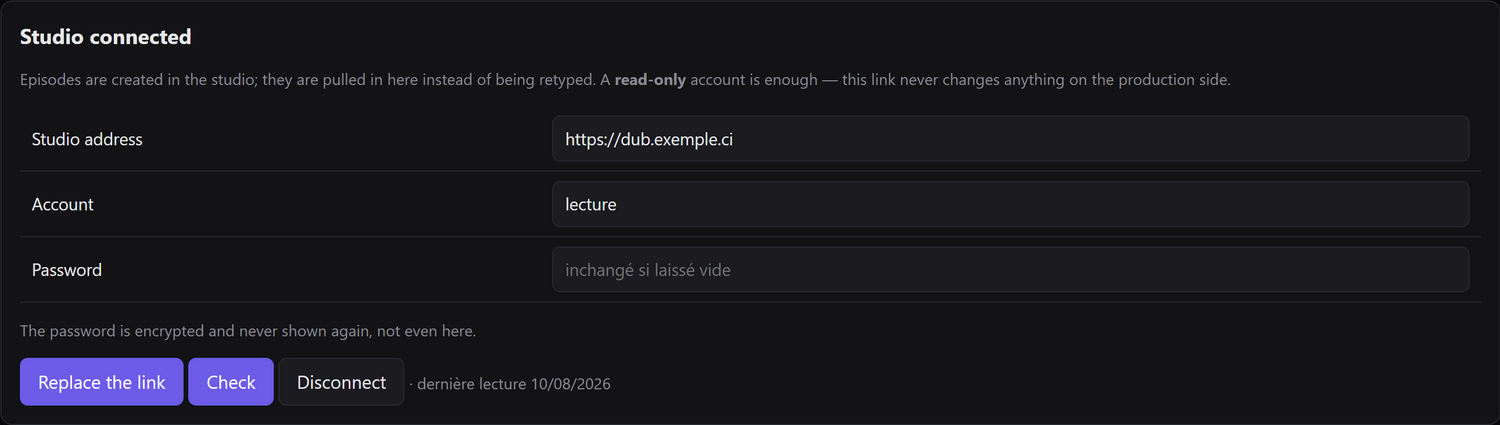 The connector form: studio address, read-only account and password.