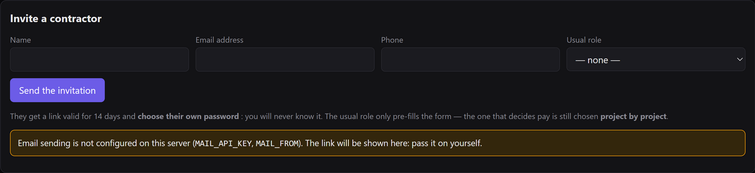 The invitation form: name, address, phone and usual role.