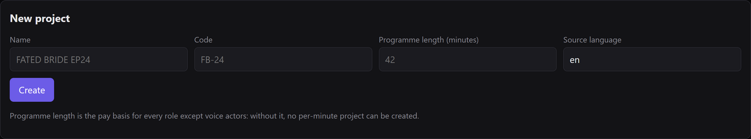 The creation form: name, code, programme duration and source language.