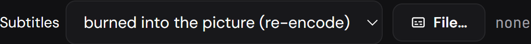 The render’s subtitle menu: none, embedded track, or burned into the picture.