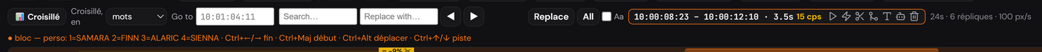The selected block’s bar: timecodes, duration, characters per second, and the alignment shortcuts.