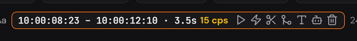 The block bar and its seven commands: play, align, split, merge, lip cues, rephrase, delete.