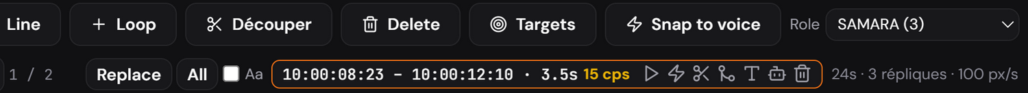 The active Role filter next to the search fields: search only walks that character’s lines.
