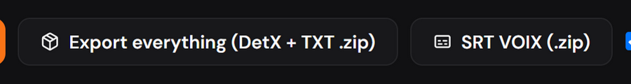 The batch exports: DetX and TXT as a .zip, and the VOICE SRTs.