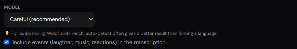 The model choice, Careful or Standard, and the events checkbox.