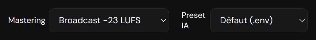 The mastering target and processing preset menus.