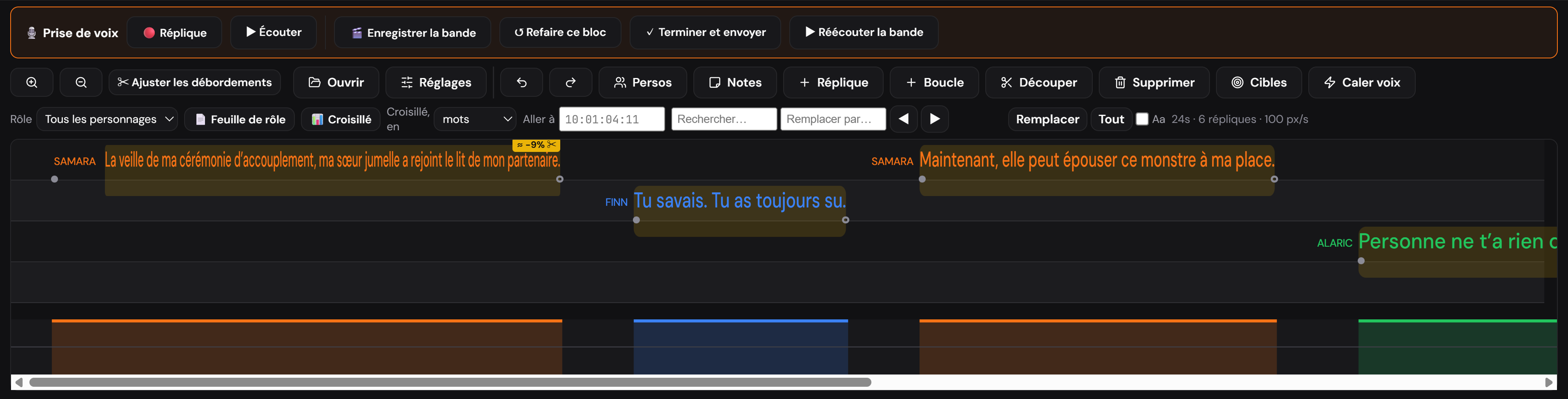 La bande rythmo d’un épisode réel : une piste par personnage, le débit en caractères par seconde, et les commandes de calage à l’image.
