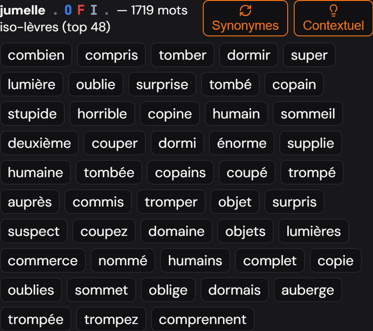 Les synonymes proposés pour un mot, filtrés sur la même forme de bouche.