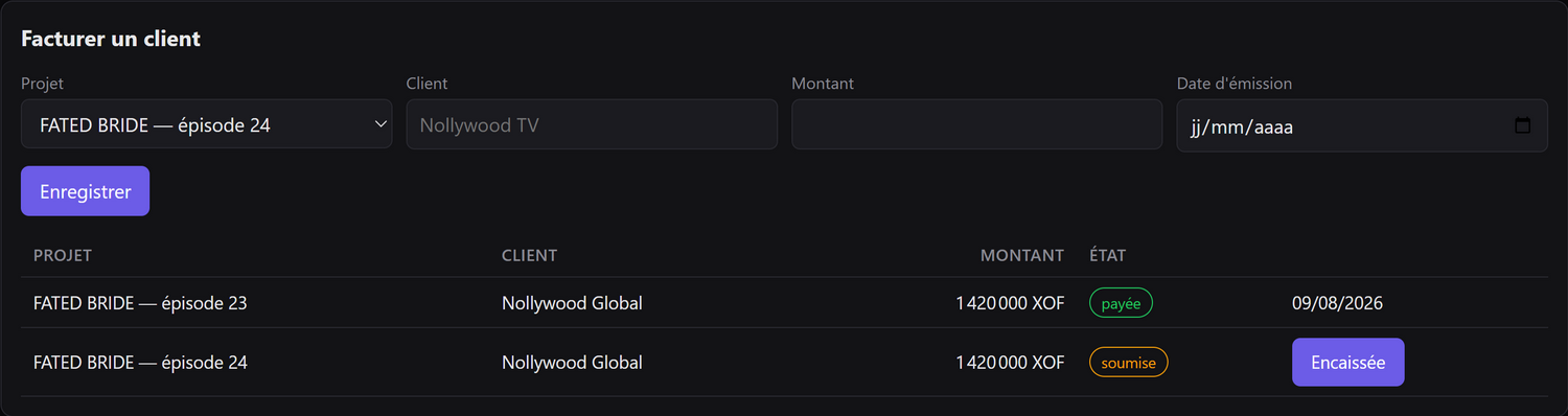 Le formulaire de facturation client et la liste des factures émises.