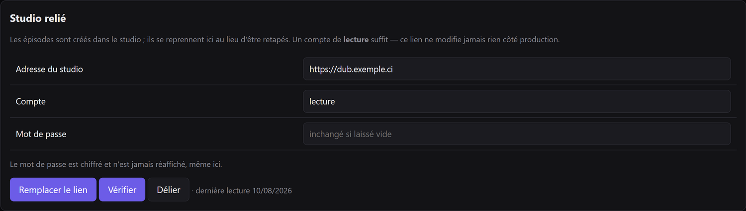 Le formulaire du connecteur : adresse du studio, compte de lecture et mot de passe.