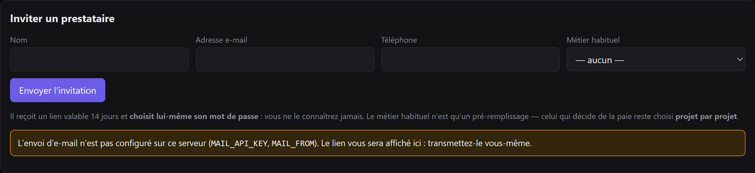 Le formulaire d’invitation : nom, adresse, téléphone et métier habituel.