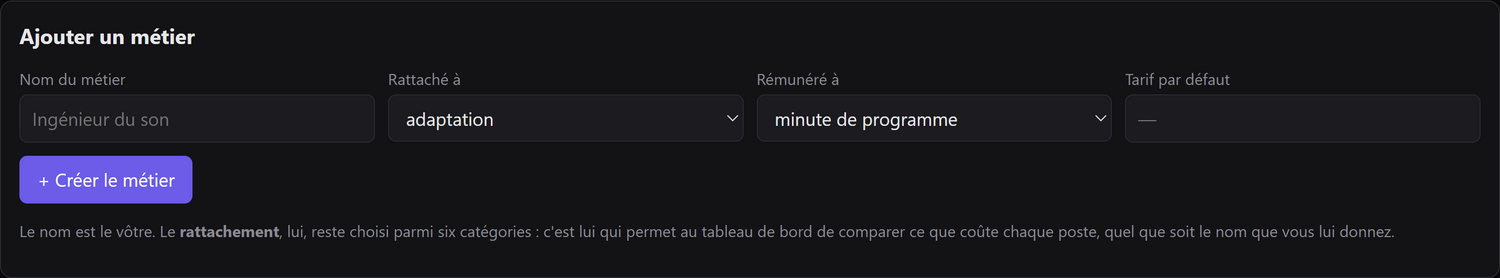 La création d’un métier : nom, rattachement, base de rémunération et tarif par défaut.