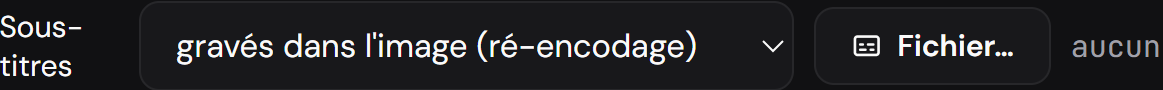 Le menu des sous-titres du rendu : aucun, piste intégrée, ou gravés dans l’image.