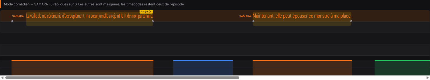 La bande filtrée sur un seul personnage : ses répliques seules, aux timecodes de l’épisode.
