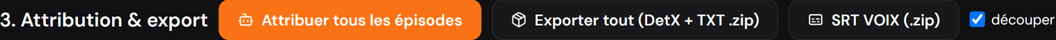Le bouton Attribuer tous les épisodes, à côté des exports de la série.