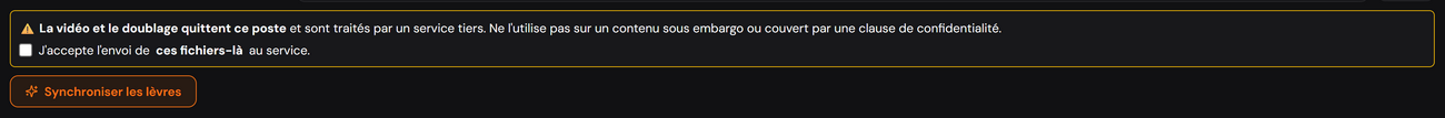 L’avertissement d’envoi à un service tiers, sa case d’accord et le bouton de lancement.