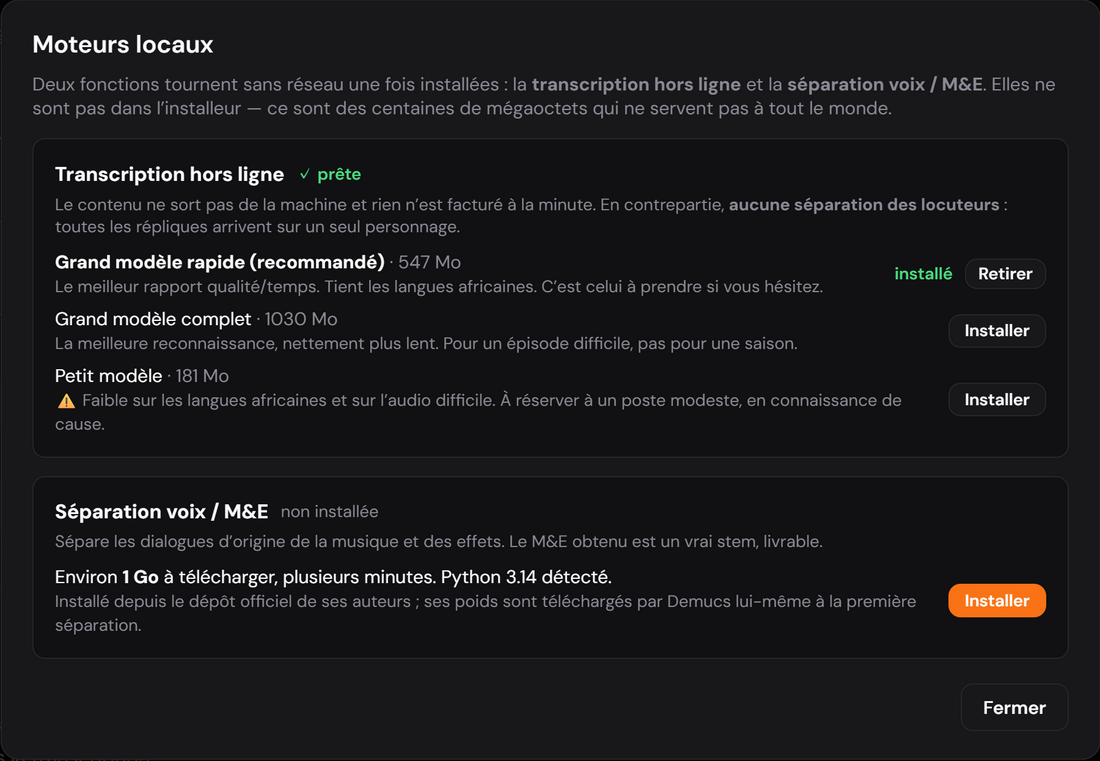 La fenêtre Moteurs locaux : la transcription hors ligne et la séparation voix / M&E, à installer sur le poste.