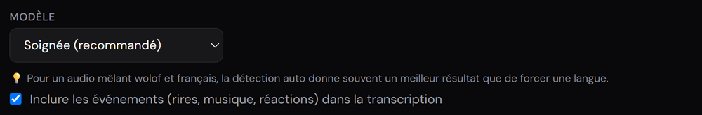 Le choix du modèle, Soignée ou Standard, et la case des événements.
