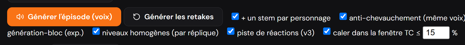 Le bouton de génération de l’épisode et les options de pistes.